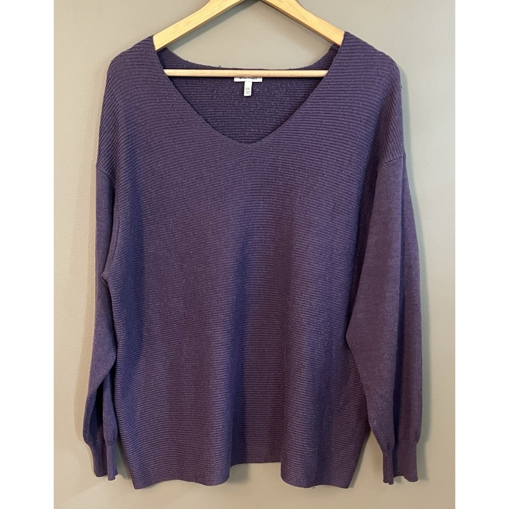 Ella Moss Women's Purple Ribbed V-Neck Sweater, Large, Long Sleeve